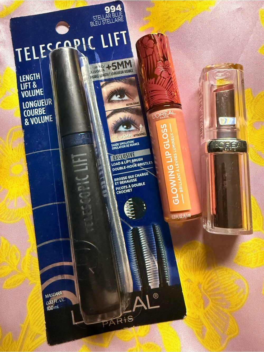 L'Oreal Telescopic Lift Mascara with Peach Glowing Lip Gloss and Nude Lipstick